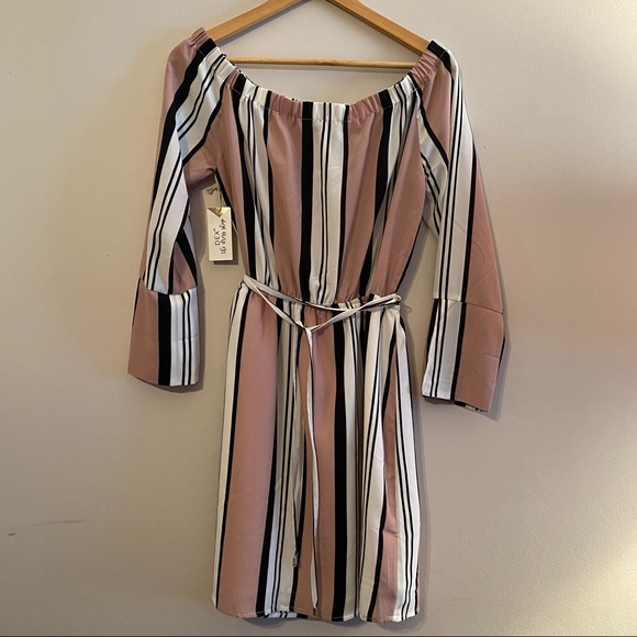 DEX Pink striped dress. Off the shoulder. Elastic waist with accent belt. - Picture 3 of 12